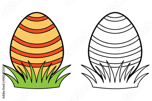 One decorated Easter egg and a plain egg sit in green grass, both are transparent