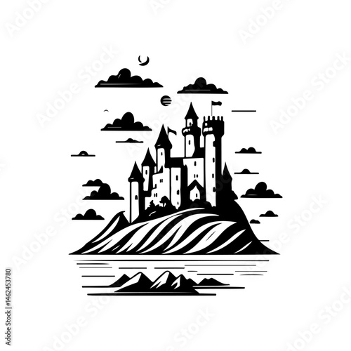 Monochromatic depiction of a hilltop fortress set against a cloudy sky