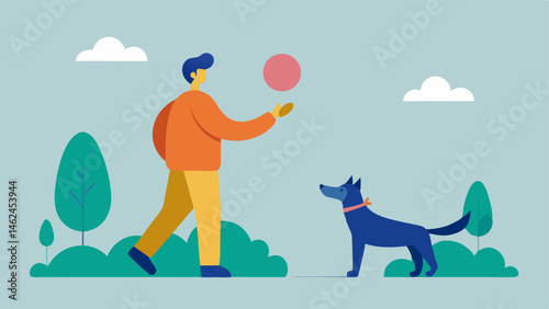 Pet Care A person plays fetch with a dog in a park using a bionic hand to throw the ball illustrating companionship and active engagement.