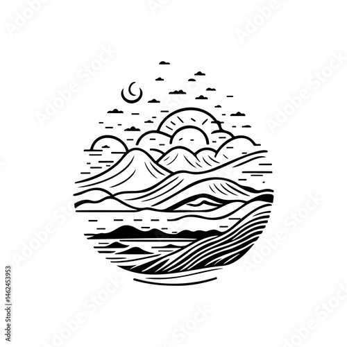 Minimalist circular mountainscape illustration with celestial elements and linear details