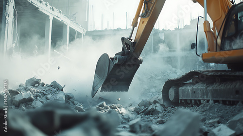 Excavator demolishing a building with debris and dust