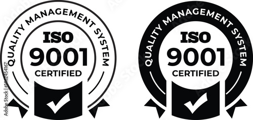 ISO 9001 Certified Quality Management System Icons | Black and White Compliance Stamps for Business and Manufacturing Excellence