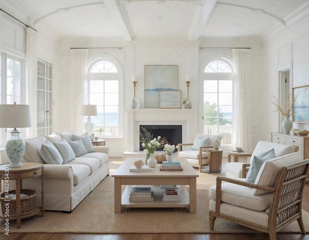 Fototapeta premium Elegant Coastal Living Room with White Sofas and Fireplace