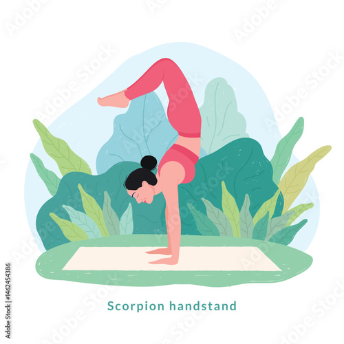 Scorpion handstand pose. Young woman practicing Yoga pose. Woman workout fitness, aerobic and exercise