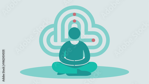 FullBody Contemplation Pose A minimalist illustration of a person sitting in a contemplative pose with their head tilted slightly back. The head is transparent showcasing a 3D maze