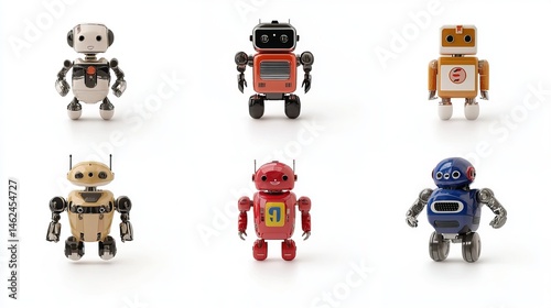 Six small robots of various colors and styles displayed against a white background.