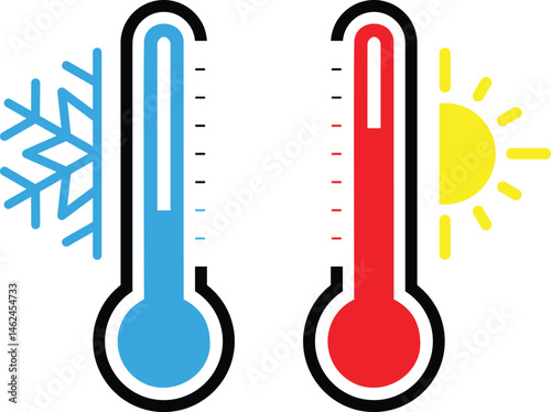 Hot and Cold Thermometer Comparison Icon - Weather Temperature Extremes for Climate Change Awareness Campaigns and HVAC Marketing Materials