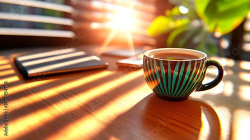 Wallpaper Mural Teal Patterned Teacup on Wooden Desk in Sunlight Torontodigital.ca
