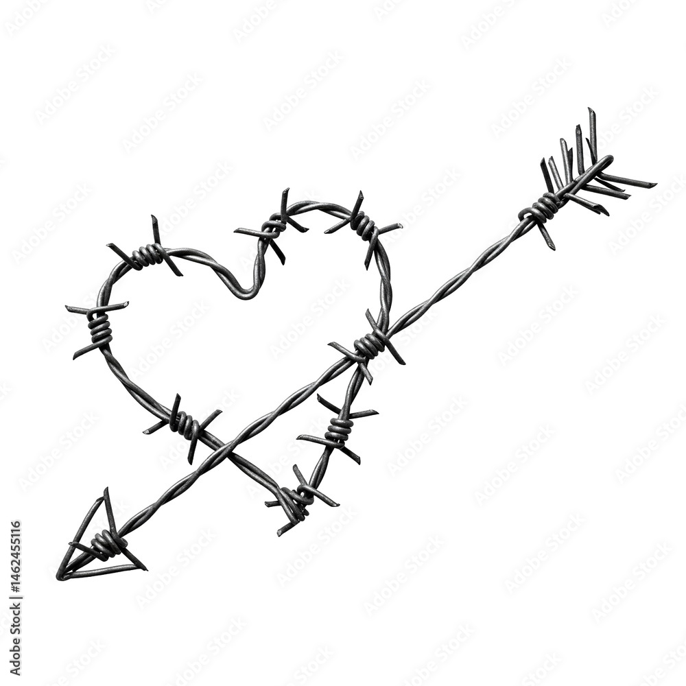 Obraz premium Barbed Wire Heart and Arrow. clipart isolated on transparent background. png