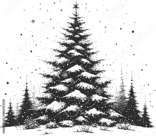 Delicate Hand-Drawn Christmas tree linework sketch hand drawn pen drawing vector illustration background