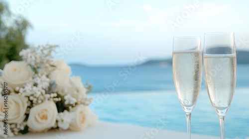 Champagne flutes beside a wedding bouquet by a pool overlooking the ocean