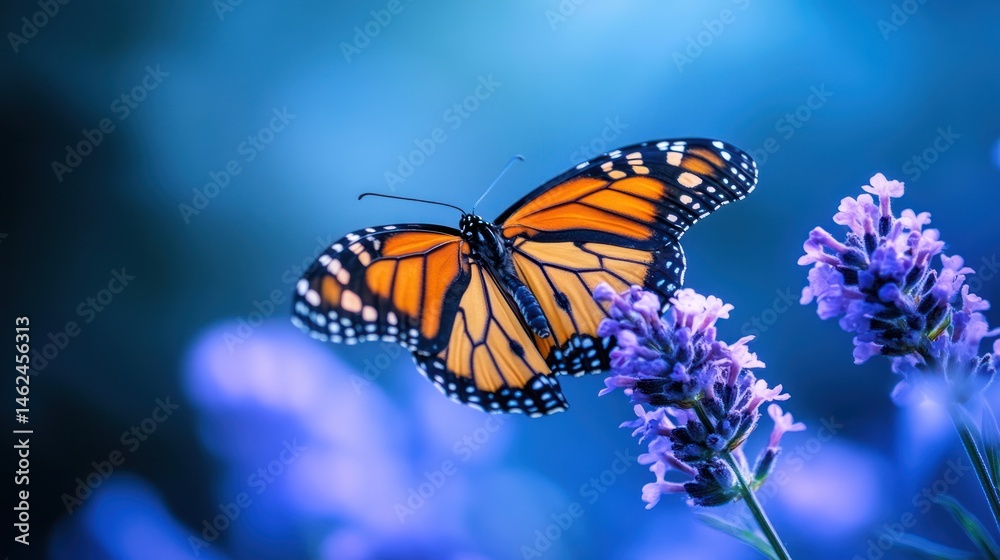 Fototapeta premium Monarch Butterfly Gracefully Hovering Near Lavender Blossoms