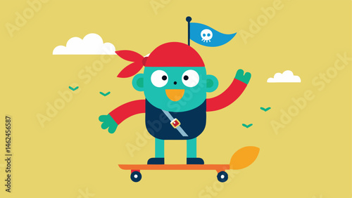 Pirate and Parrot The pirate with an eye patch and a jovial smile is riding his skateboard alongside a cartoon parrot perched on his shoulder. The parrot mimics the pirates