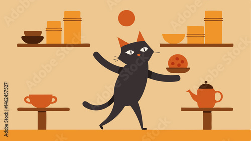 Order Delivery The cat is playfully balancing multiple coffee cups on its head while walking towards a table filled with eager customers. The cafés interior features warm colors