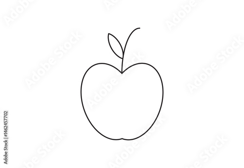 Apple Line Drawing with Leaf, Simple Outline Illustration for Kids.
