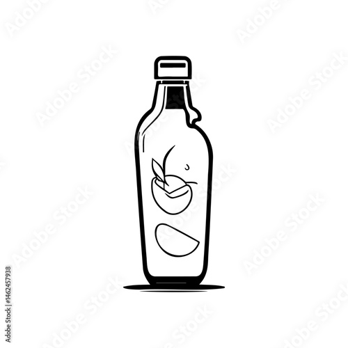Stylized bottle containing fruity essence presented in a minimalist art style