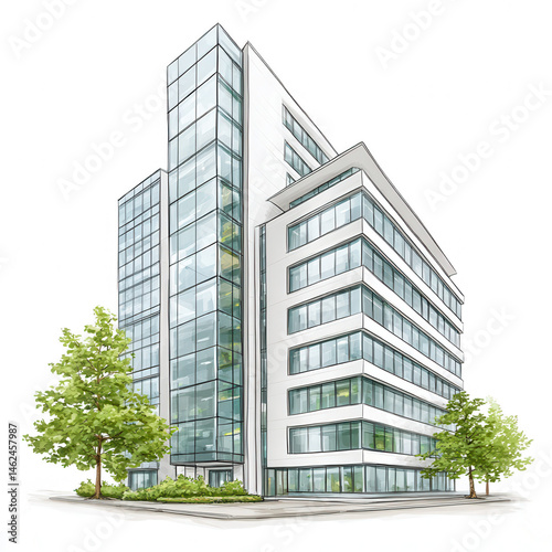 The modern office building features architectural design and green landscape