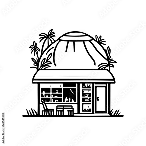 Serene island shop sketch with mountainous backdrop and inviting outdoor seating