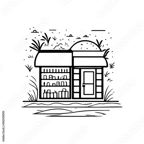 Minimalist market illustration showcasing local trade and simple architecture