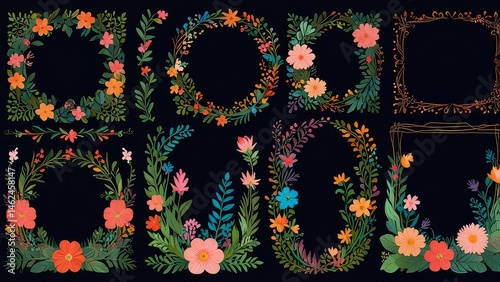 Elegant Floral Frame with Colorful Blooms on Dark Background