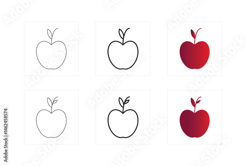 Apple Icon Set, Line and Gradient Style Fruit Illustrations for Design Use.