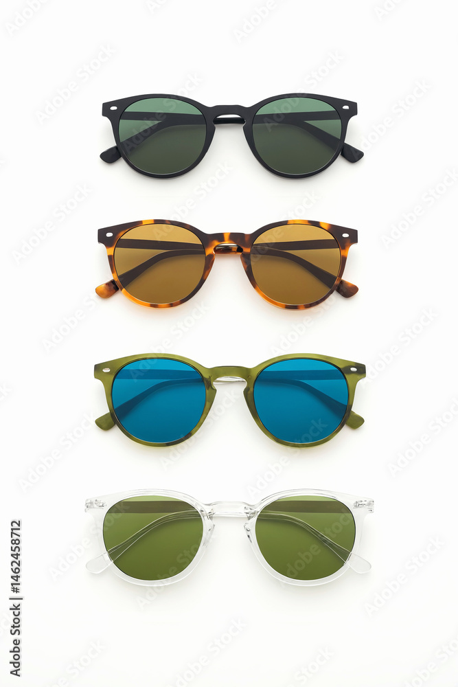 Trendy sunglasses collection. different color glasses on white surface