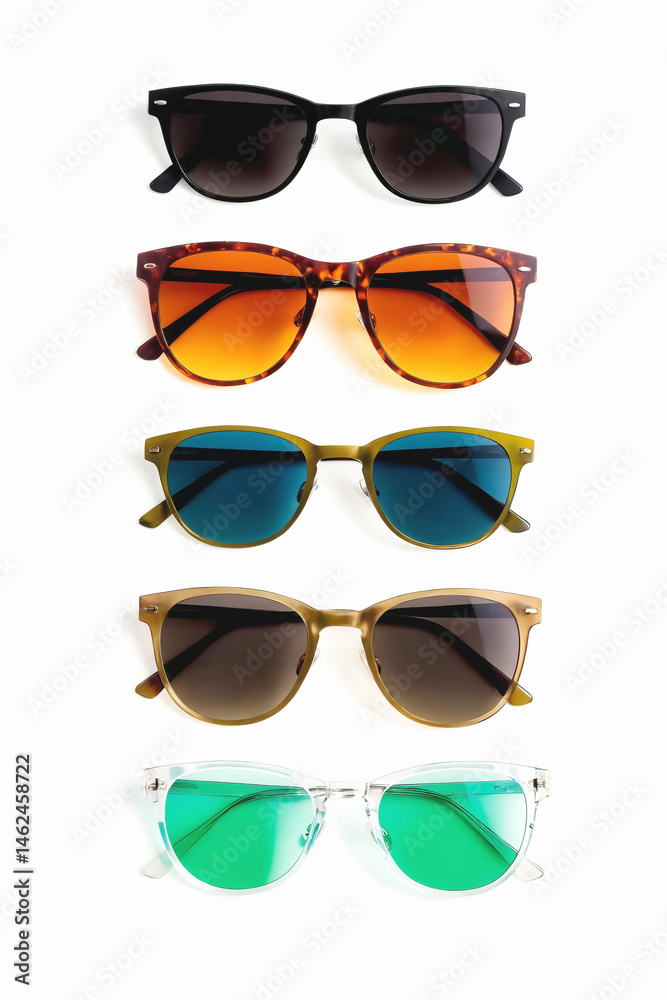 Trendy sunglasses collection. different color glasses on white surface