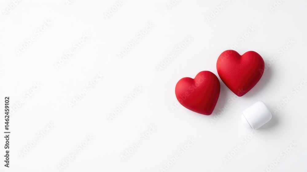 Two red hearts, one white object on white background Two red hearts, one white object on white background
