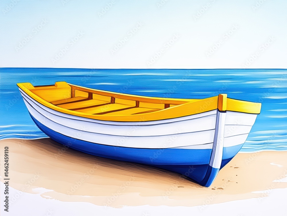 Naklejka premium Colorful Rowboat on Sandy Beach