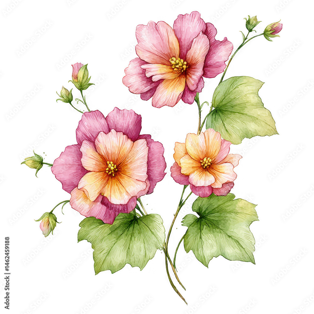 Obraz premium Watercolor painting of beautiful pink flowers with green leaves on white background