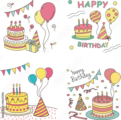 Hand Drawn Birthday Party Icons with Cakes, Balloons, and Decorations