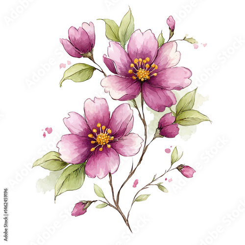 Watercolor pink flowers are blooming gracefully on a white background art.