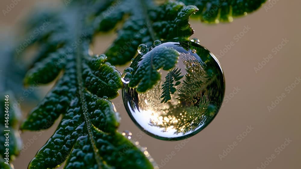 Single dew drop on leaf reflects trees sunlight embodying freshness hope renewal morning growth nature purity awakening focus and close observation