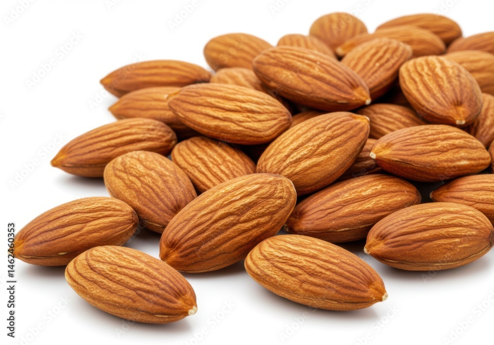 A close up view of a pile of almonds scattered across the isolated on white background A close up view of a pile of almonds scattered across the isolated on white background