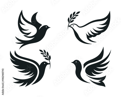 Dove of peace with olive branch, stylized black and white bird logo on a white background
