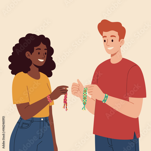 Young friends exchanging friendship bracelets with smiles  