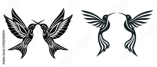 Stylized twin hummingbirds logo, symmetrical black and white bird vector on a white background