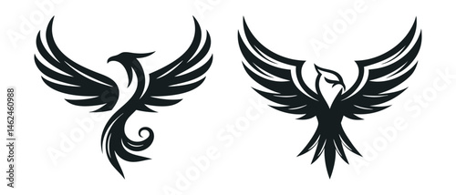 Monochrome phoenix or eagle graphic abstract bird tattoo illustration on a white background