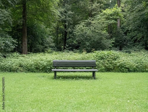 Park bench in lush green surroundings photo