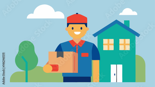 Happy Deliveries A delivery person holding packages containing gadgets smiling as they approach a house symbolizing the arrival of online purchases.
