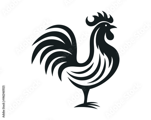 Monochrome rooster emblem, farmyard bird, isolated design on a white background