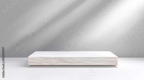 White Wooden Platform Minimalist Display, Clean Studio Lighting, Square, Smooth Surface, Product Presentation, Neutral Background, Bright, Serene Mood, Ideal for Mockups