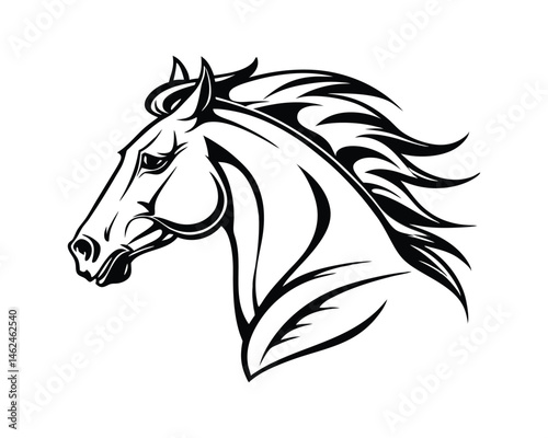 Monochrome stallion head silhouette, powerful equine portrait on a white background