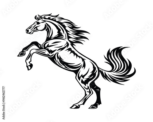 Tribal horse graphic, dynamic rearing pose, monochrome design on a white background
