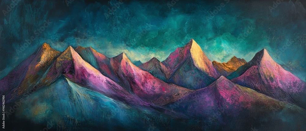 A painting of mountains with a blue sky background