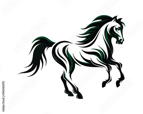 Modern tribal horse logo element, black and green highlights on a white background