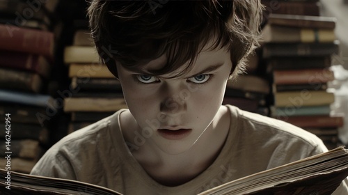 A young boy is reading a book with a serious expression on his face