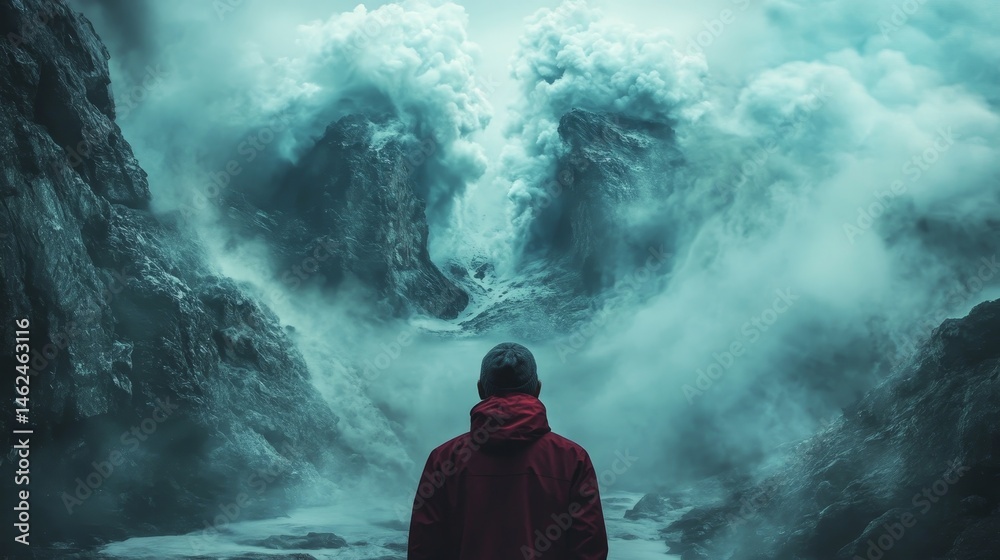 A man stands in front of a mountain with a huge wave of water