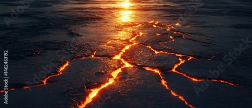 A lava field with a bright orange sun in the background