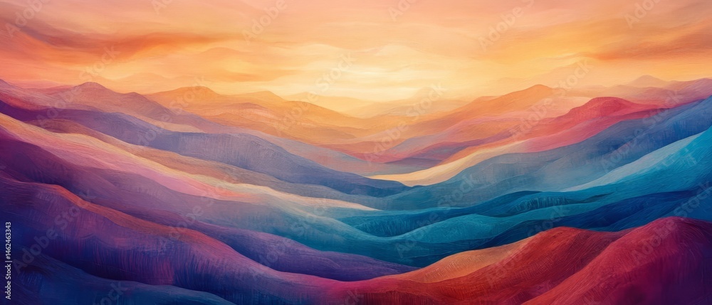 A painting of a mountain range with a bright orange sun in the sky